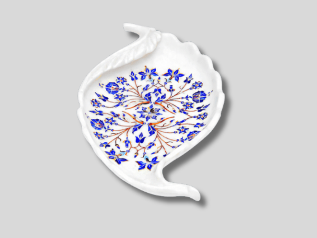 White Top Marble Presentation Bowl Collectible Leaf Shape Lapis Stone Inlaid